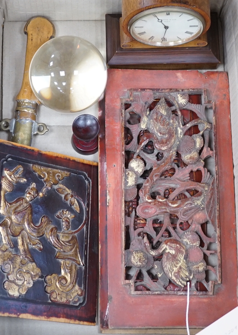 Miscellaneous items comprising a clock, a Moroccan dagger, two Chinese carvings and a crystal ball on stand